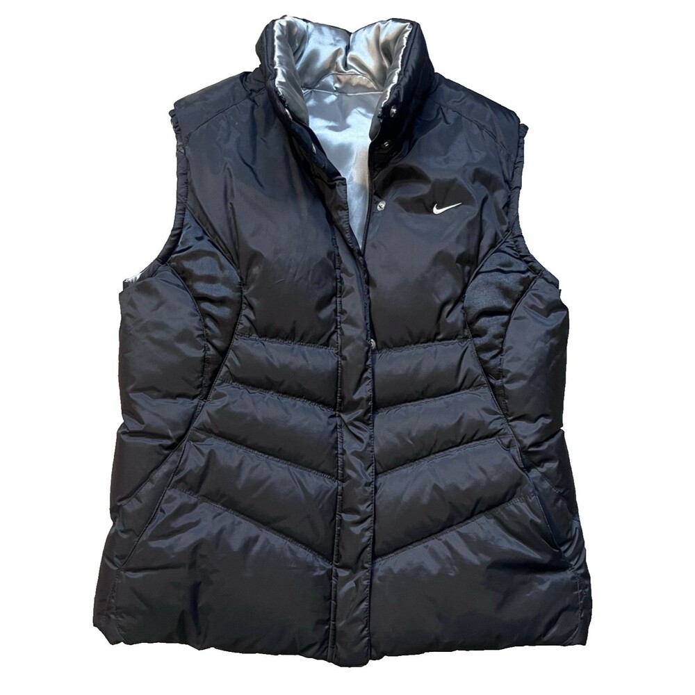 Nike Women’s XL Puffer Vest Reversible Black Silver Duck Down Full Zip Y2K